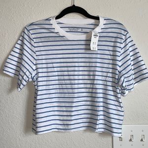 NWT Abercrombie & Fitch Classic Crop Essential Tee Soft A&F Blue & White Stripes